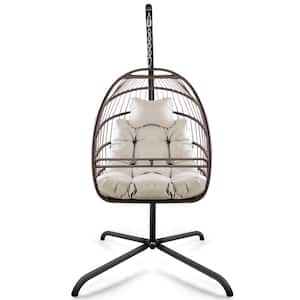 Brown Metal Patio Swing Egg Chair with Stand, Beige Cushion and Pillow, Patio Basket Hanging Chair with C Type Bracket