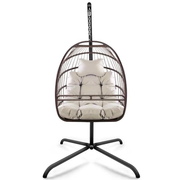 Sudzendf Brown Metal Patio Swing Egg Chair with Stand, Beige Cushion and Pillow, Patio Basket Hanging Chair with C Type Bracket