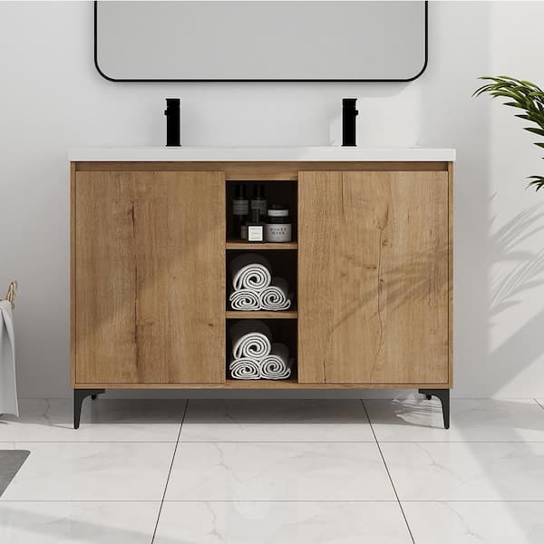 Staykiwi 48 in. W x 18.5 in. D x 35 in. H Freestanding Bath Vanity in Imitative Oak with White Double Resin Sink Top