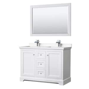 Avery 48"W x 22"D Double Vanity in White w/ Cultured Marble Vanity Top in LightVein Carrara w/ Basins & Mirror
