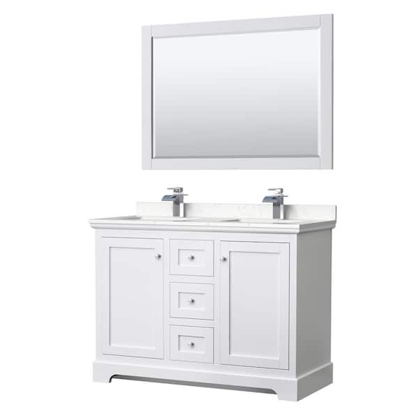 Wyndham Collection Avery 48"W x 22"D Double Vanity in White w/ Cultured Marble Vanity Top in LightVein Carrara w/ Basins & Mirror