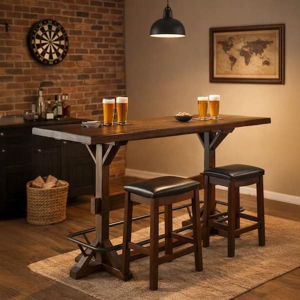 Flint 78 in. Dark Brown Wood Pub Bar Table with Black Metal Foot Rail