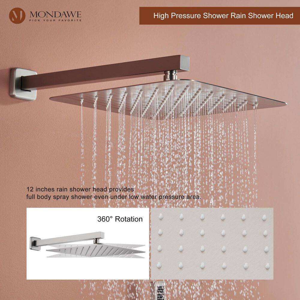 Brushed Nickel Wall Mounted Shower System with Adjustable Heads and Body Jets