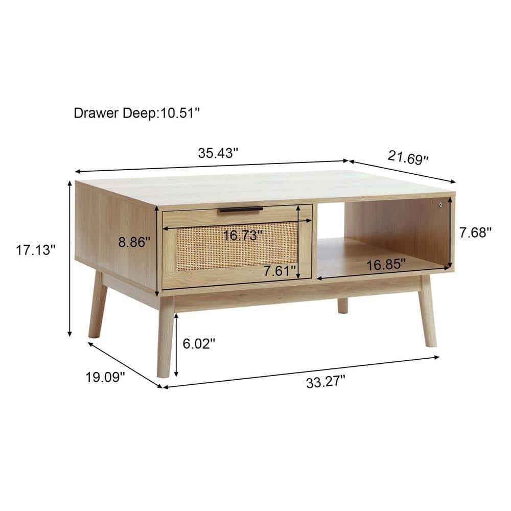 White Oak Finish Rectangular Wood Coffee Table with Storage