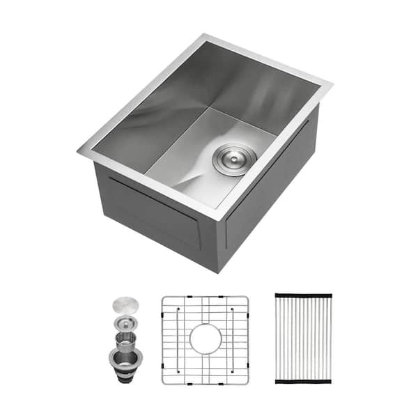 ANGELES HOME 14 in. Undermount 304 Stainless Steel Single Bowl 18-Gauge Kitchen Sink with Dish Drid, Drain Assembly, Brushed Nickel