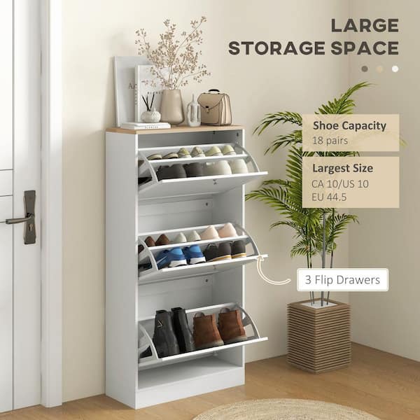 45.25 in. H 18-Shoes-Pairs White Shoe Rack Organizer , Shoe Storage Cabinet with 3-Flip Drawers and Adjustable Shelves