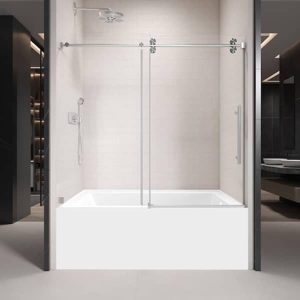 grossag 60 in. W x 60 in. H Frameless Sliding Tub Door in Brushed Nickel with 3/8 in. (10mm) Tempered Clear Glass