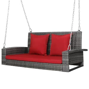42.5 in. 2-Person PE Wicker Hanging Porch Patio Swing Bench Chair with Red Cushion