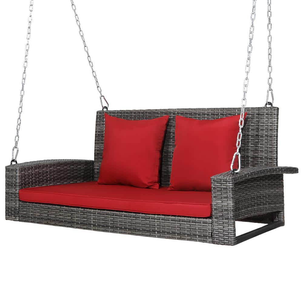 42.5 in. 2-Person PE Wicker Hanging Porch Patio Swing Bench Chair with Red Cushion -  Costway, HW69619RE