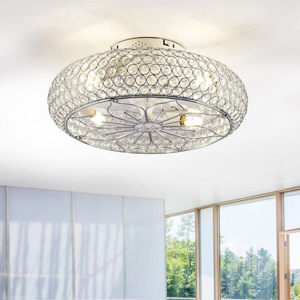 20 in. Chrome Crystal DC Motor Flush Mount Standard Ceiling Fan with Remote Control, Reversible (Bulbs Not Included)