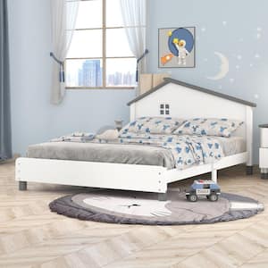 White and Gray Full Size Wooden Platform Bed with House-Shaped Headboard