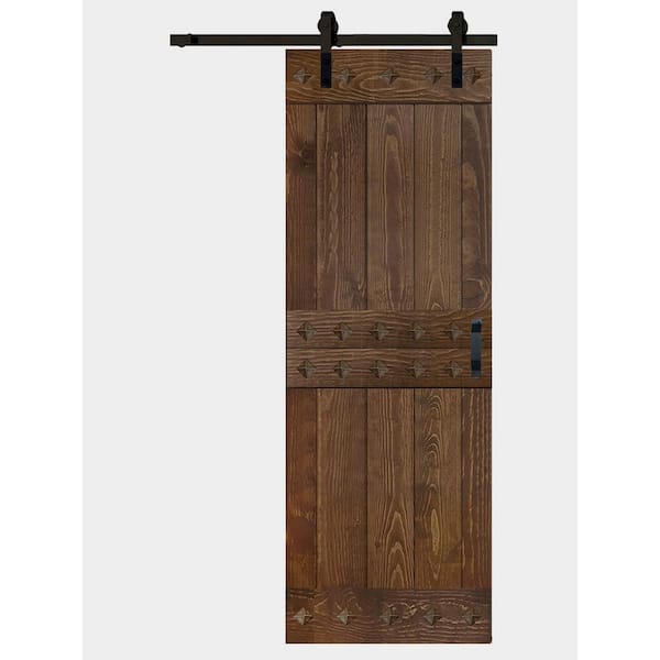 Mid-Century Style 30 in. x 84 in. Dark Walnut Solid Wood Sliding Barn Door with Hardware Kit - Assembly Needed