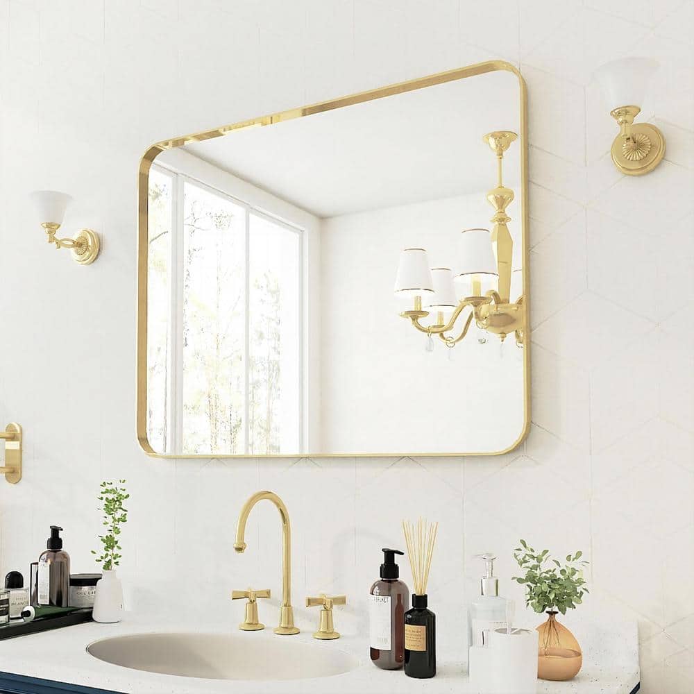40 in. W x 32 in. H Rectangular Aluminum Framed Wall Bathroom Vanity Mirror in Gold price history on PriceWatchPro