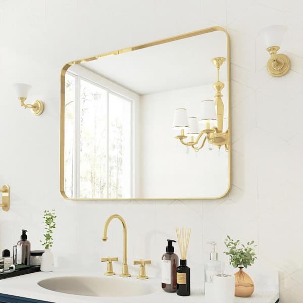 40 in. W x 32 in. H Rectangular Aluminum Framed Wall Bathroom Vanity Mirror in Gold