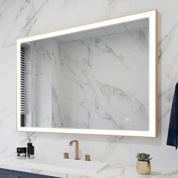WELLFOR RECA 48 in. W x 36 in. H Rectangular Single Aluminum Framed Anti-Fog LED Light Wall Bathroom Vanity Mirror in Gold