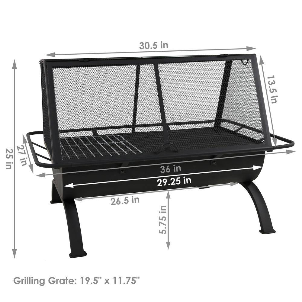 36-Inch Black Steel Outdoor Fire Pit with Grill and Spark Screen