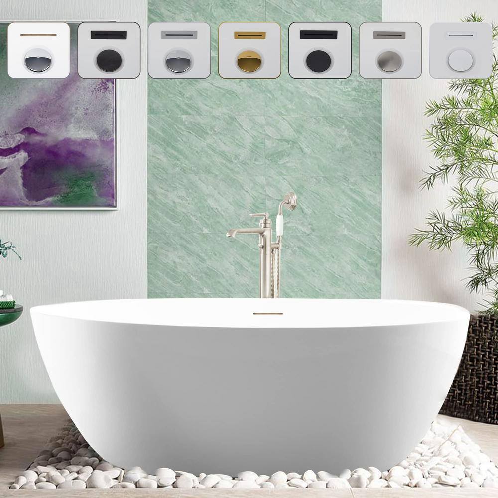 Vanity Art 59" White Acrylic Freestanding Bathtub with Overflow