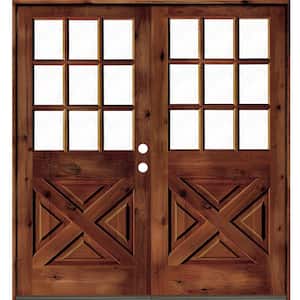 72 in. x 80 in. Knotty Alder 2-Panel Left-Hand/Inswing Clear Glass Red Chestnut Stain Double Wood Prehung Front Door