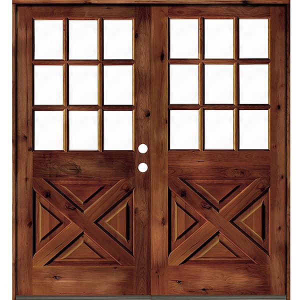 Krosswood Doors 72 in. x 80 in. Knotty Alder 2-Panel Left-Hand/Inswing Clear Glass Red Chestnut Stain Double Wood Prehung Front Door