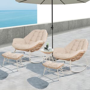 Wicker Patio Outdoor Rocking Chair Set with Ottoman and Outdoor Side Table Beige Cushions