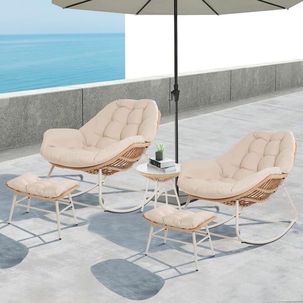 UPHA Wicker Patio Outdoor Rocking Chair Set with Ottoman and Outdoor Side Table Beige Cushions
