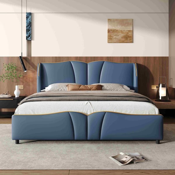 Antique Blue PU Leather Frame Queen Platform Bed with Wingback Head Board and Wavy Footboard