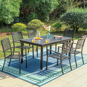7-Piece Metal Outdoor Dining Set with Extensible Rectangular Carve Pattern Table and Elegant Stackable Chairs