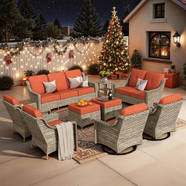 Toject Eureka Gray 9-Piece Wicker Modern Outdoor Patio Conversation Sofa Seating Set with Swivel Chairs and Orange Red Cushions