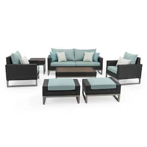 Milo Espresso 7-Piece Wicker Patio Deep Seating Conversation Set with Sunbrella Spa Blue Cushions