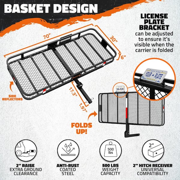 70 in. x 30 in. x 6 in. Foldable Hitch Cargo Carrier with 500 lbs. Capacity - Includes 40 cu. ft. Waterproof Cargo Bag