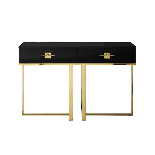 Nicole Miller Maui 48 in. Black/Gold Rectangle Wood Console Table with 2-Drawers
