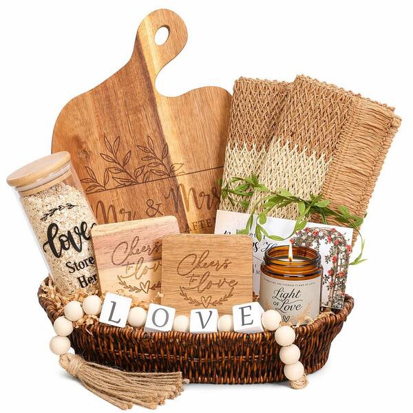 9-Piece Natural Acacia Wood and Glass Kitchen Gift Set with Cutting Board, Coasters, Candle, Placemats, Jar