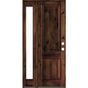 44 in. x 96 in. Rustic knotty alder Left-Hand/Inswing Clear Glass Red Mahogany Stain Wood Prehung Front Door w/Sidelite