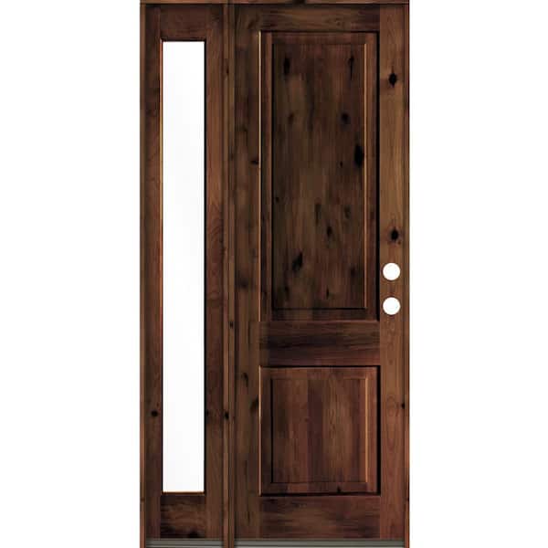 Krosswood Doors 46 in. x 96 in. Rustic knotty alder Left-Hand/Inswing Clear Glass Red Mahogany Stain Wood Prehung Front Door w/Sidelite
