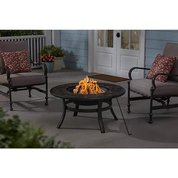 Hampton Bay Whitfield 38 in. Round Steel Black Marble Look Tile Top Wood Burning Fire Pit
