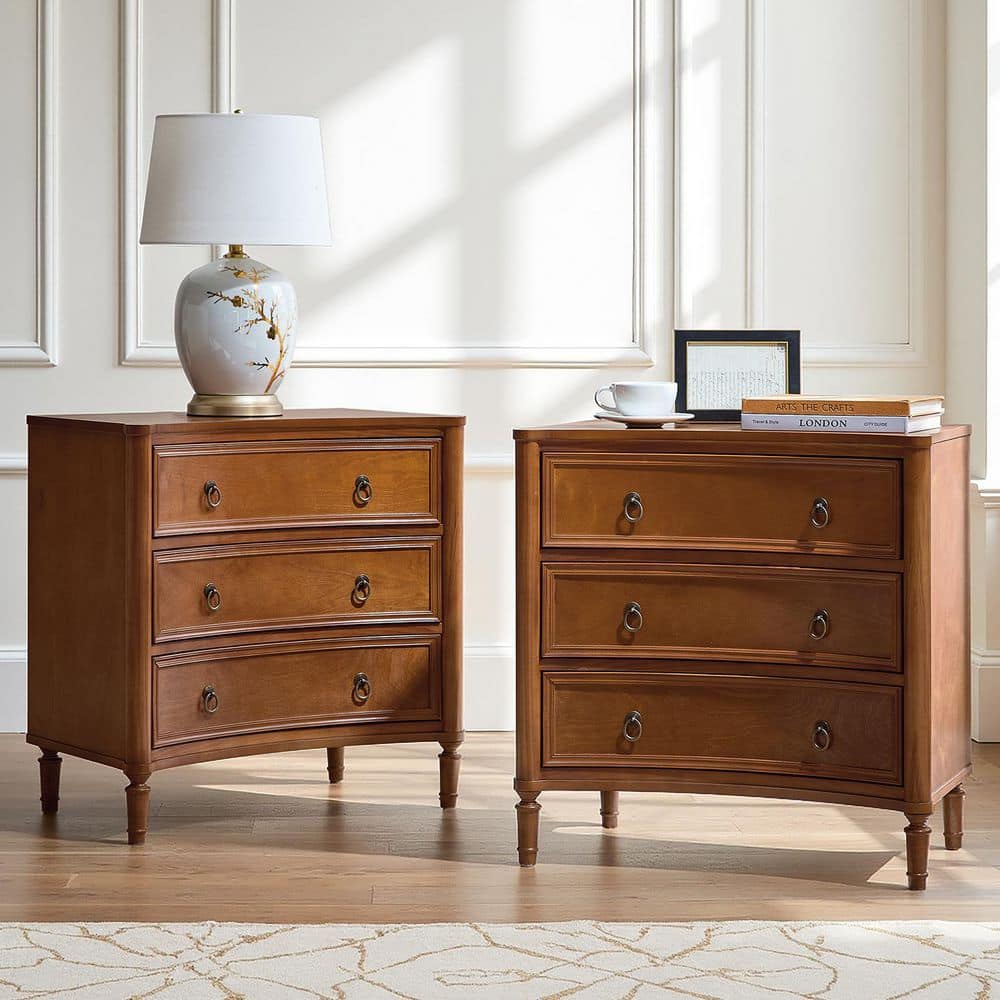 Ken Walnut 3-Drawer 26 in. W Curved Silhouette Nightstand with Built-in Charging Station Set of 2