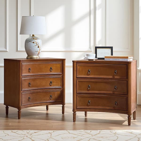 Ken Walnut 3-Drawer 26 in. W Curved Silhouette Nightstand with Built-in Charging Station Set of 2