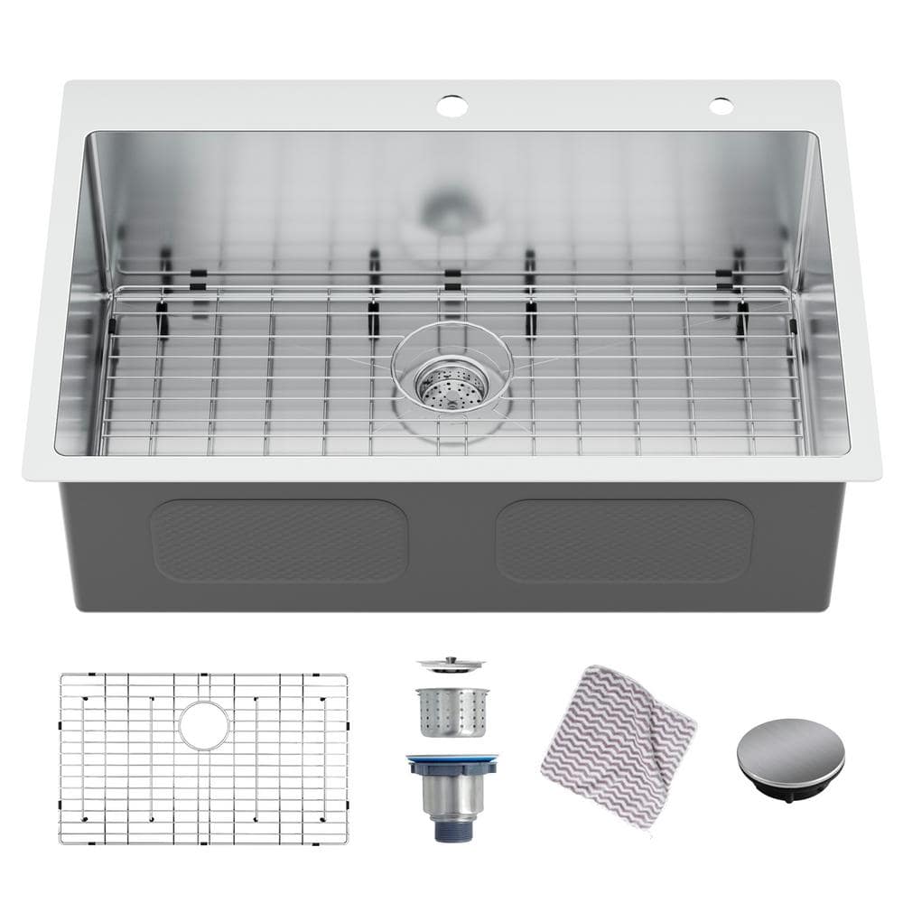 33 in. Drop-in Single Bowl 16-Gauge Stainless Steel Kitchen Sink with Botto