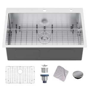 33 in. Drop-in Single Bowl 16-Gauge Stainless Steel Kitchen Sink with Bottom Grid and Strainer Basket