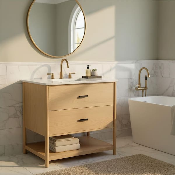 Jaylessa 36 in. Single Sink Natural Bath Vanity with White Marble Top