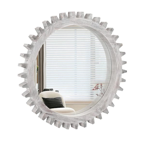 Unbranded 34 in. W. x 34 in. H Round Gear Shape Framed Wall-Mounted Decorative Mirror in Whitewashed