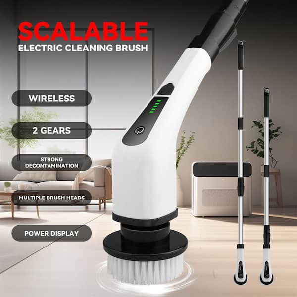 Cordless Electric Spin Scrubber, 2-Speeds, 7-Replaceable Brush Heads Short Handle, White, Portable Carpet Cleaner