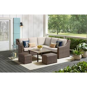 Rock Cliff 6-Piece Brown Wicker Outdoor Patio Sectional Sofa Set with Ottoman and CushionGuard Almond Tan Cushions