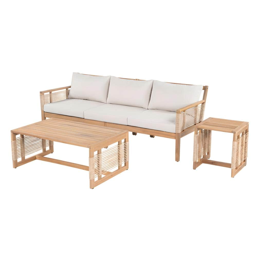 3-Piece Teak Acacia Wood Patio Sofa Set with 2 Coffee Tables and Beige Cushions for Garden price history on PriceWatchPro