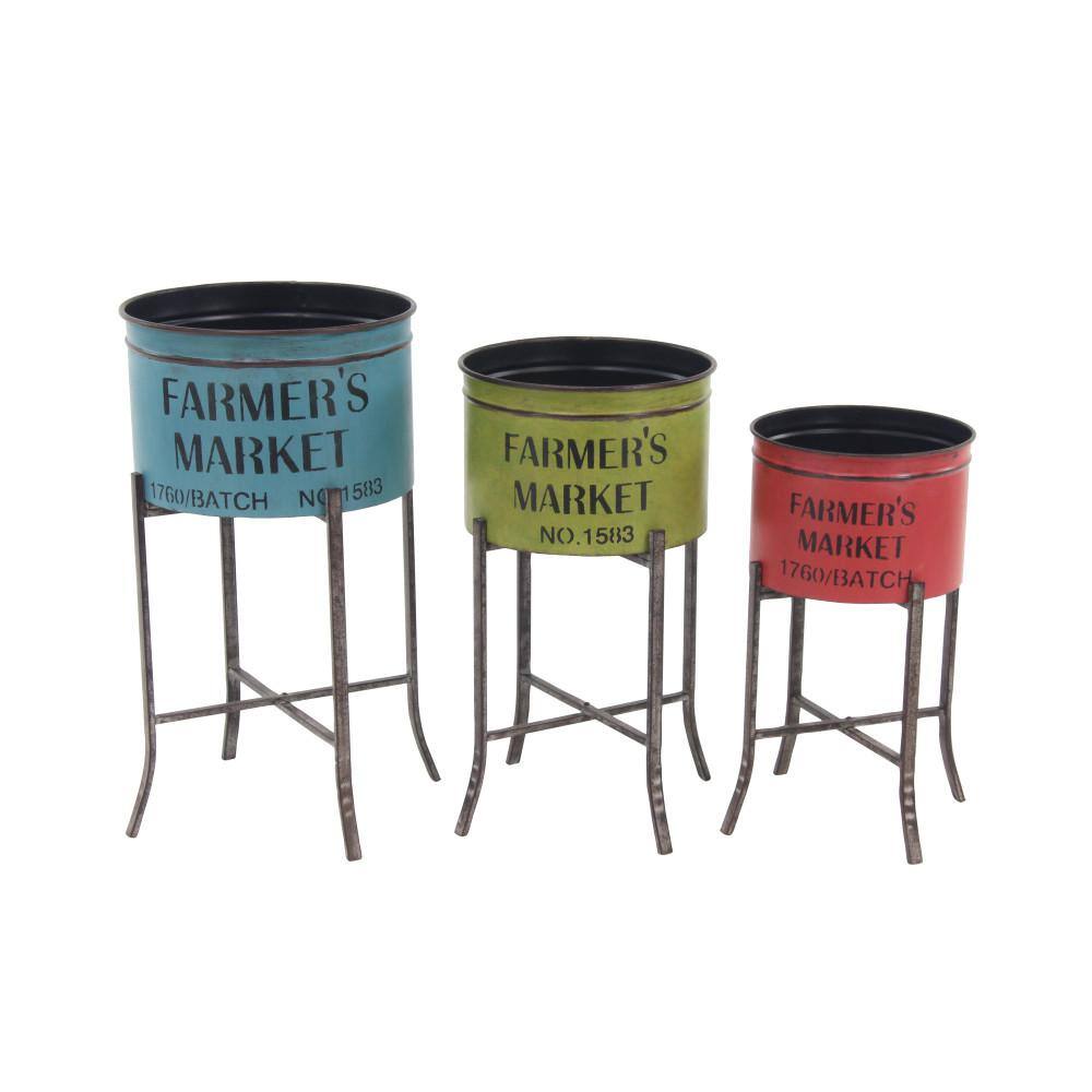 Farmhouse Multi Colored Iron Planters with Stands, Set of 3