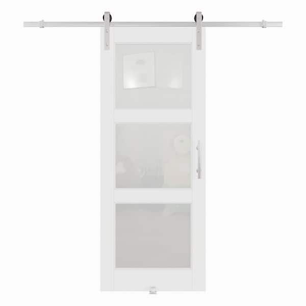 32 in. x 96 in. 3-Lite Frosted Glass White Primed MDF Sliding Barn Door with Hardware Kit Nickel Plated