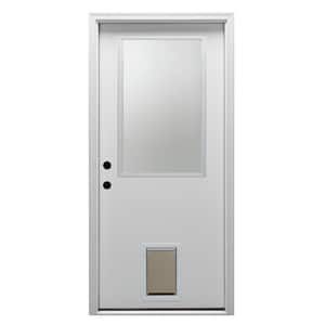 30 in. x 80 in. Classic Right-Hand Inswing 1/2-Lite Clear Primed Fiberglass Smooth Prehung Front Door with Pet Door