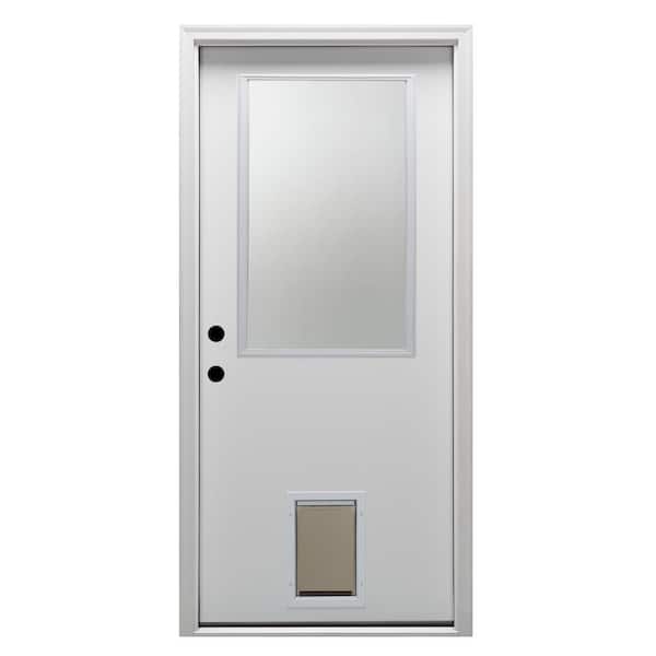MMI Door 32 in. x 80 in. Classic Right-Hand Inswing 1/2-Lite Clear Primed Fiberglass Smooth Prehung Front Door with Pet Door
