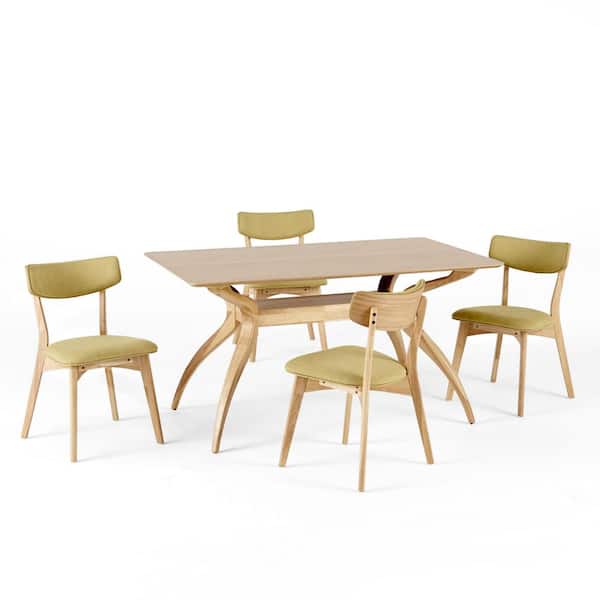 Noble House Nissie 5-Piece Green Tea Fabric Upholstered and Natural Oak Wood Dining Set
