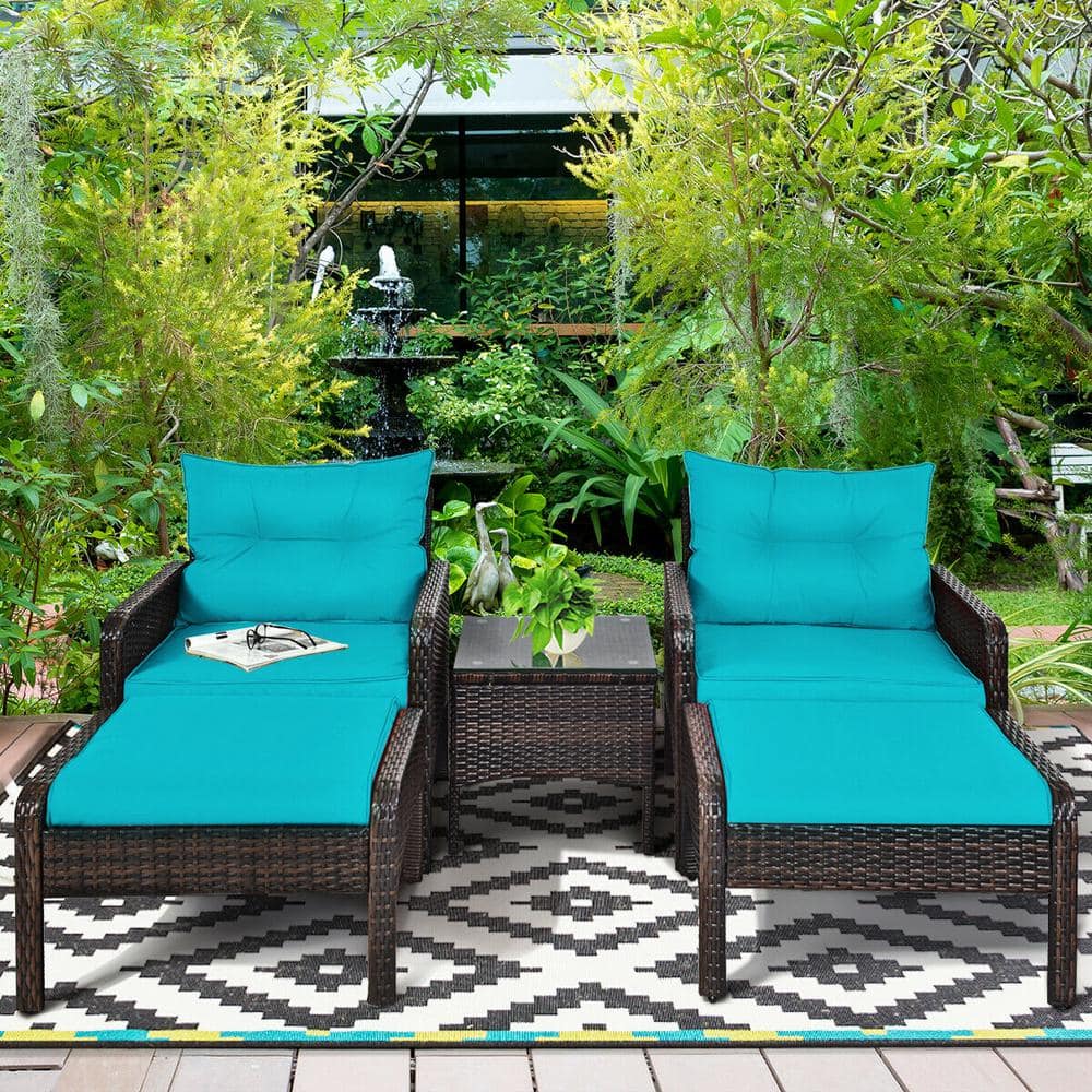 Turquoise 5-Piece Outdoor Rattan Conversation Set with Cushions